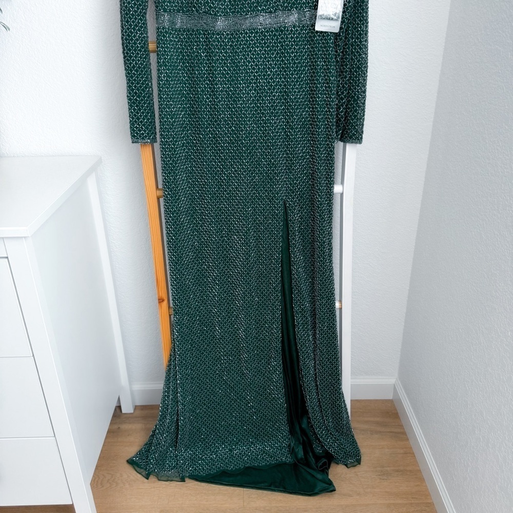Mac Duggal Evening 5056 Long Sleeve Beaded High Slit Gown Green Beaded NEW - Picture 7 of 14